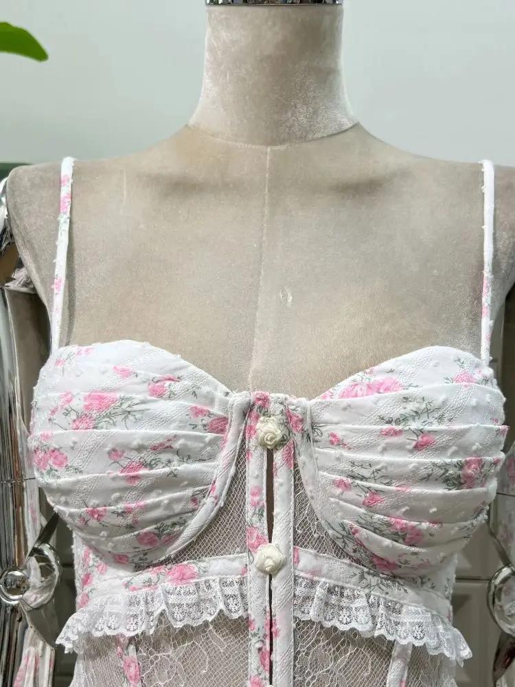 꽃 프린트 드레스 레이스 백리스 플록 패치 워크 컷 아웃 본드 장착 코르셋 여성 패션 파티 칵테일 드레스 여름 신작