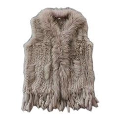 New Real ladies Genuine Knitted Rabbit Fur Vest With Raccoon Fur Trimming Waistcoat Winter Fur Jacket harppihop fur