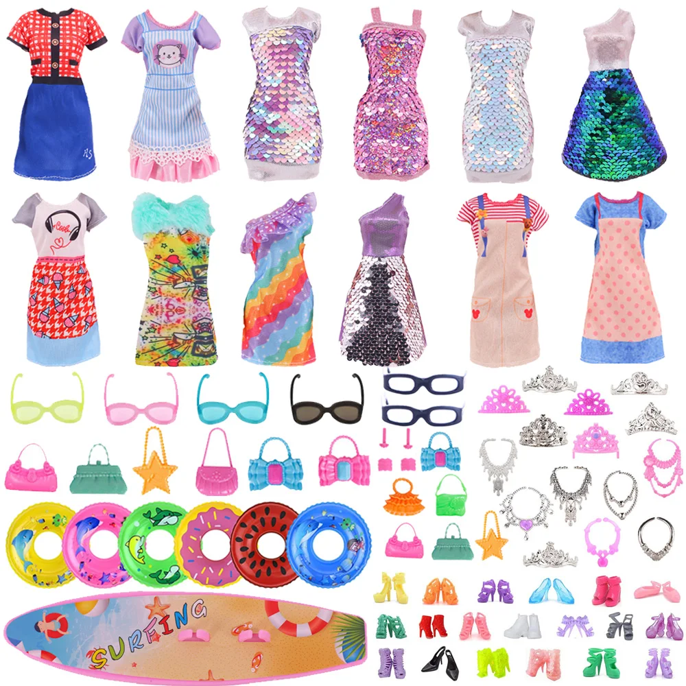 45 Item/Set Doll Accessories=5*Doll Clothes Dress+40*Doll Accessories Doll Shoes Boots Necklaces Glasses Hangers etc For Barbie