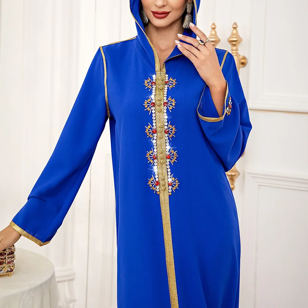 Women\'s Abaya Muslim Dress Middle Eastern Dubai Casual Gown Temperament Malaysia Turkey Abaya Hand-stitched Drill Hooded Dress