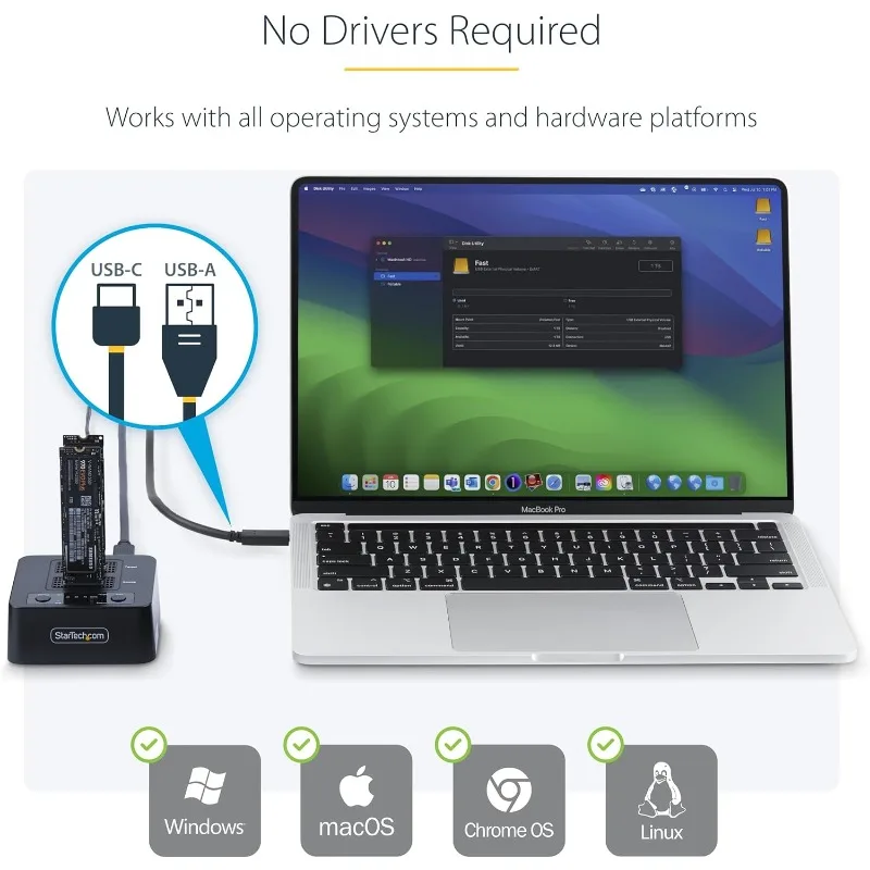 1:1 M.2 NVMe Laufwerksduplikator, 90 GB/min Standalone M.2 SSD Cloner/Kopierer, USB-C 3.2 20 Gbit/s M.2 Dual-Bay Drive Dock