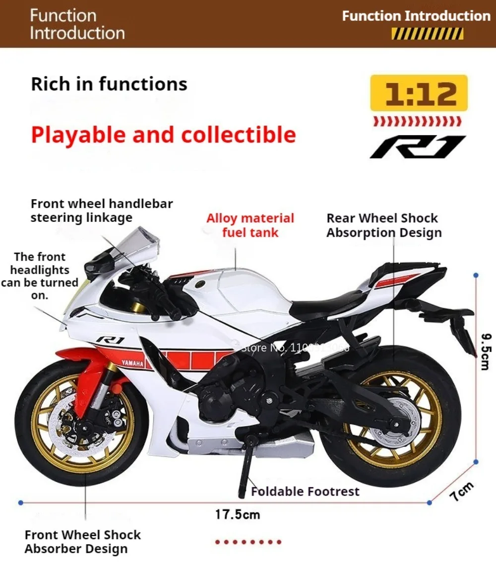 1:12 Legierung R1 R3 Motorradmodelle Spielzeug Legierungsautos Lenkbare Räder Miniatur-Motorrad mit Licht und Sound Fahrzeuge Tischdekoration – Detail 2