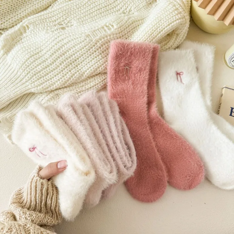 5 Pairs Bow‑Tie Fluffy Socks Sweet Embroidery Bow Women's Thickened Mink Socks Home Sleep Warm Socks for Girls XKWZ10