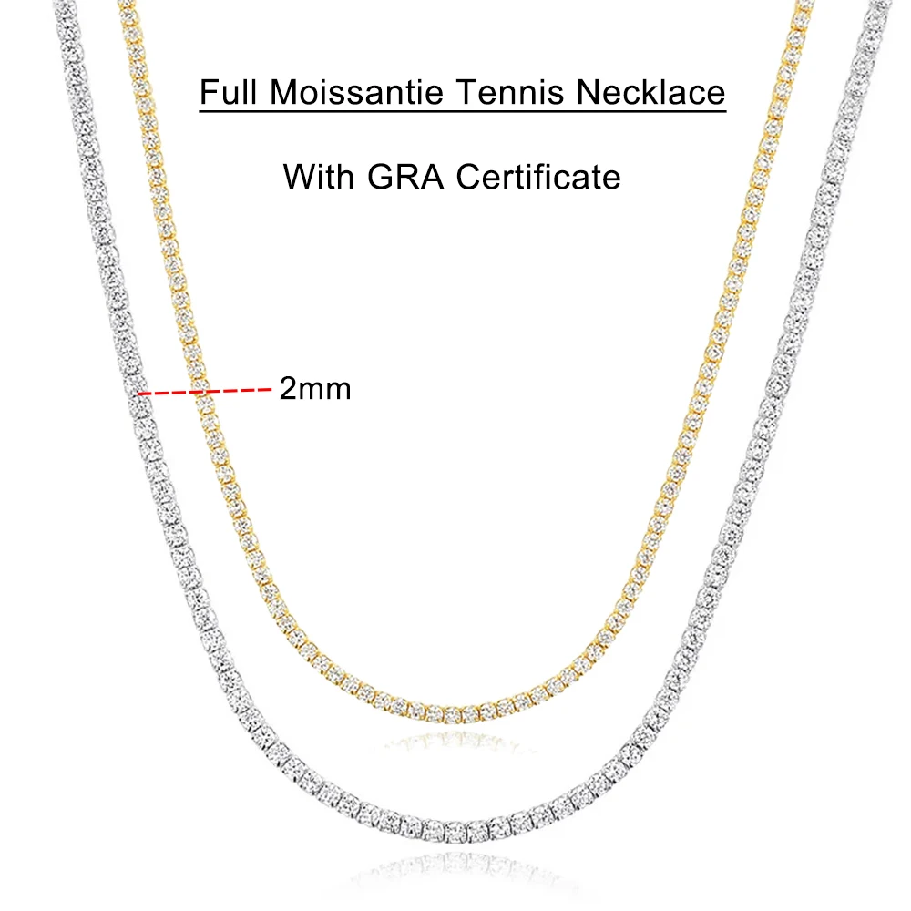 Naszyjnik tenisowy z moissanitem Serenity 2mm D, prezent dla kobiet, solidne srebro próby S925, choker na obojczyk, pozłacany 18K, wysokiej jakości biżuteria.