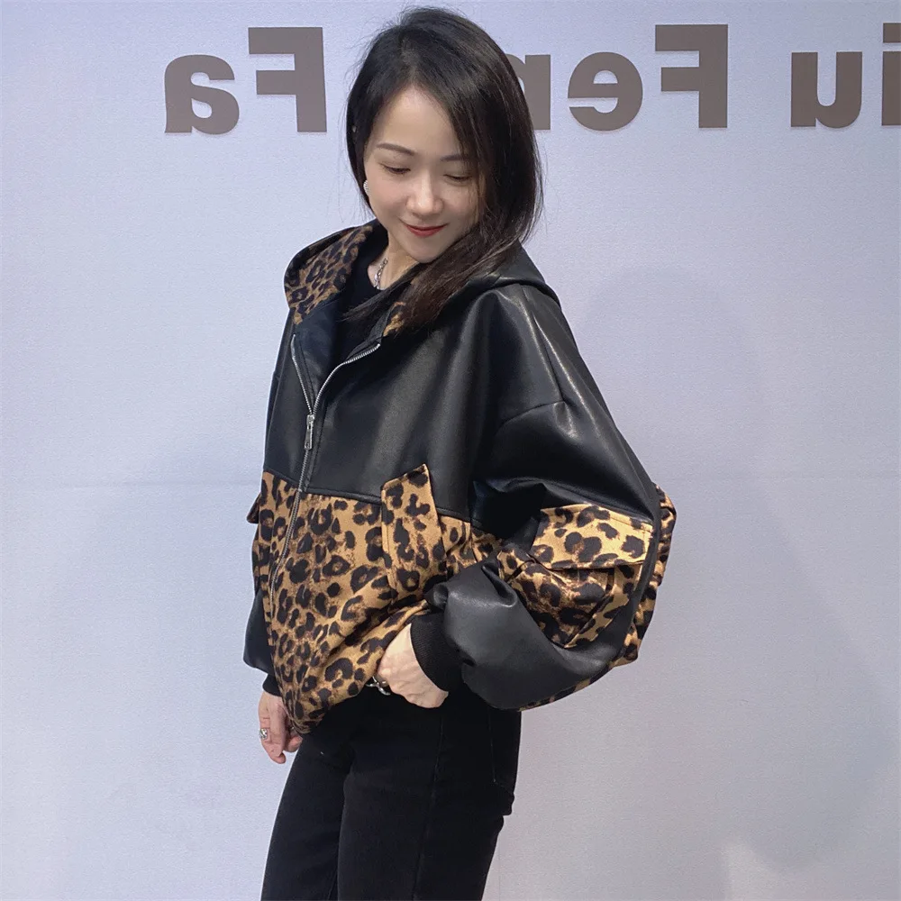 

2025 New Autumn Winter Handsome PU Leather Coat Cartoon Diamonds Leopard Patchwork Loose Jacket All-match Batwing Sleeve Top