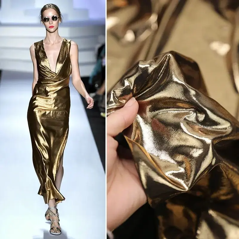 

Shiny Gold Foil Faux Leather Fabric Soft Stretchy Bright Gold Dress Wedding Decoration Performance Fashion Clothing Fabric