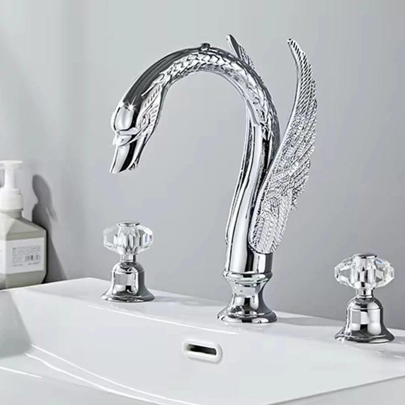 

Decked Mounted Swan Dual Handle 3 holes chrome Bathroom Basin sink Faucet Hot and Cold Basin Tap Mixer