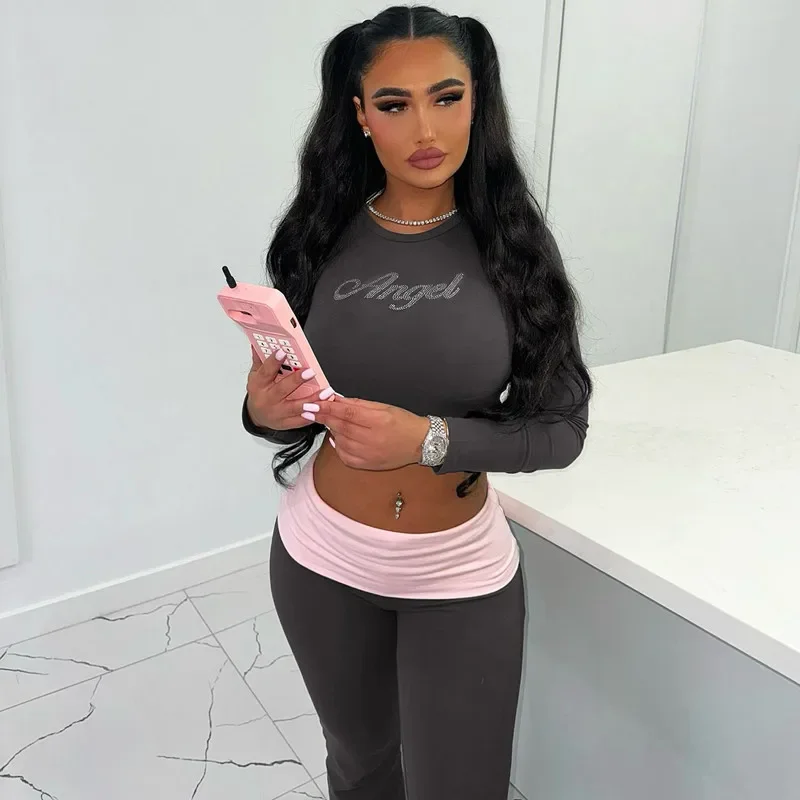 CPSYMYM  Casual Two Piece Pants Set for Women Autumn Diamond Patchwork Long Sleeve Tops Contrast Flare Pants Joggers Matching Se