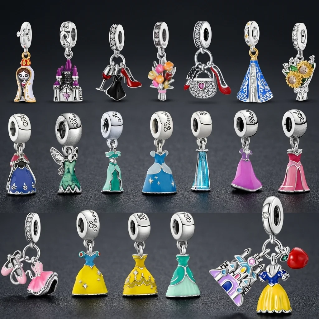Abalorios de Princesa de Cuento de Hadas para Pulsera, Cuentas Colgantes Multicolor de Vestido de Princesa, Castillo y Zapatilla de Vino, Regalo para Niña, para Creación de Joyas