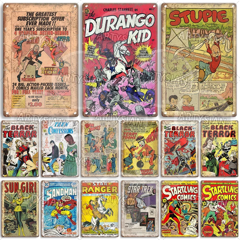 Comic Cover Metal Sign The Durango Kid Stupie The Black Terror Teen Confession Terry Toons Star Ranger Sub-Mariner Metal Plaque