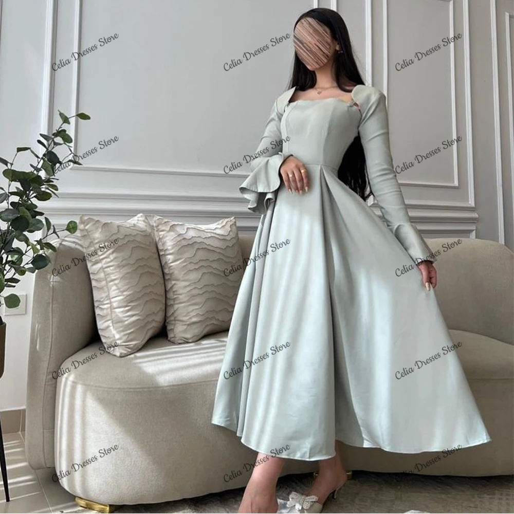 Evening Dress Satin Tea Length Formal Occasion Gowns Long Flare Sleeves Tea Length Prom Dress High Quality Party Dresses