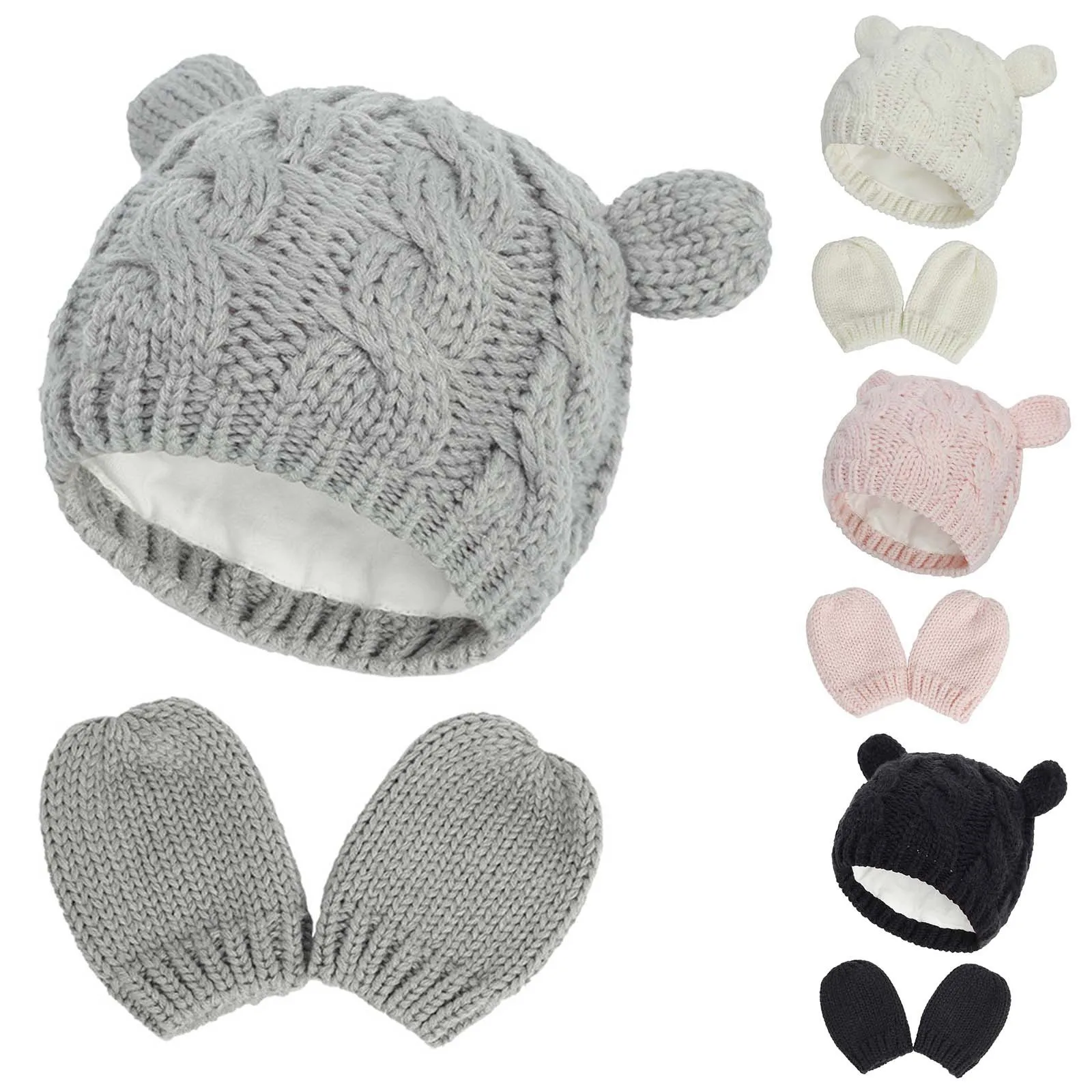 Baby Anti-scratch Hat and Mittens Set Kids Knitted Cotton Beanie Cap Winter Warm Cute Little Ear Shaped Hats for Boys and Girls