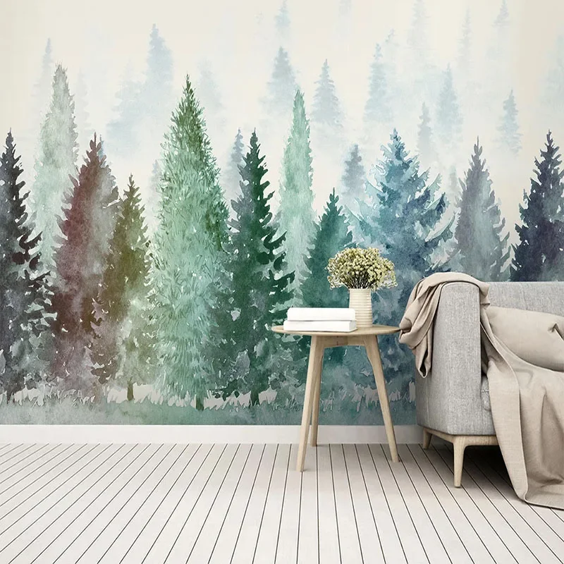 Mural de pared 3D personalizado, papel tapiz fotográfico moderno pintado a mano, árbol de acuarela, bosque brumoso, fondo Fresco para sala de estar