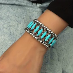 Vintage Style Inlaid Turquoise Cuff Bangle Bracelet for women Bohemian Blue Marquise Turquoise Stretch Bracelet 0.98-2.56inch