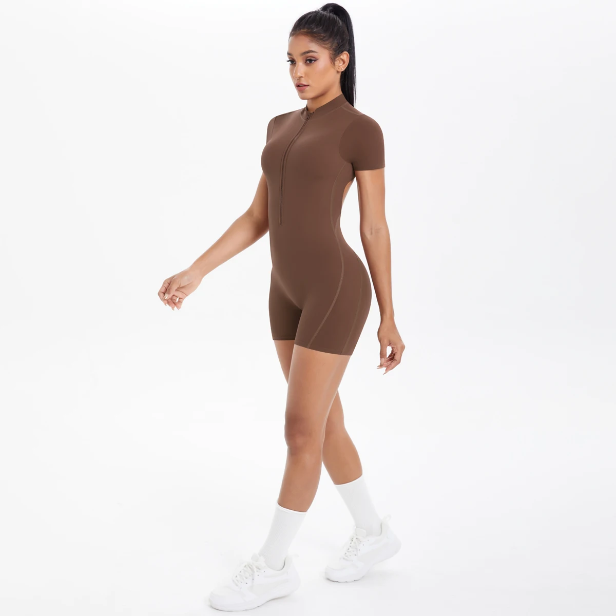 Ausgehöhlter, rückenfreier, kurzärmliger Reißverschluss-Overall für Damen, Overall, Yoga-Anzug, einteilige Legging, kurze Push-Up-Gymnastik-Yoga-Kleidung – Detail 21