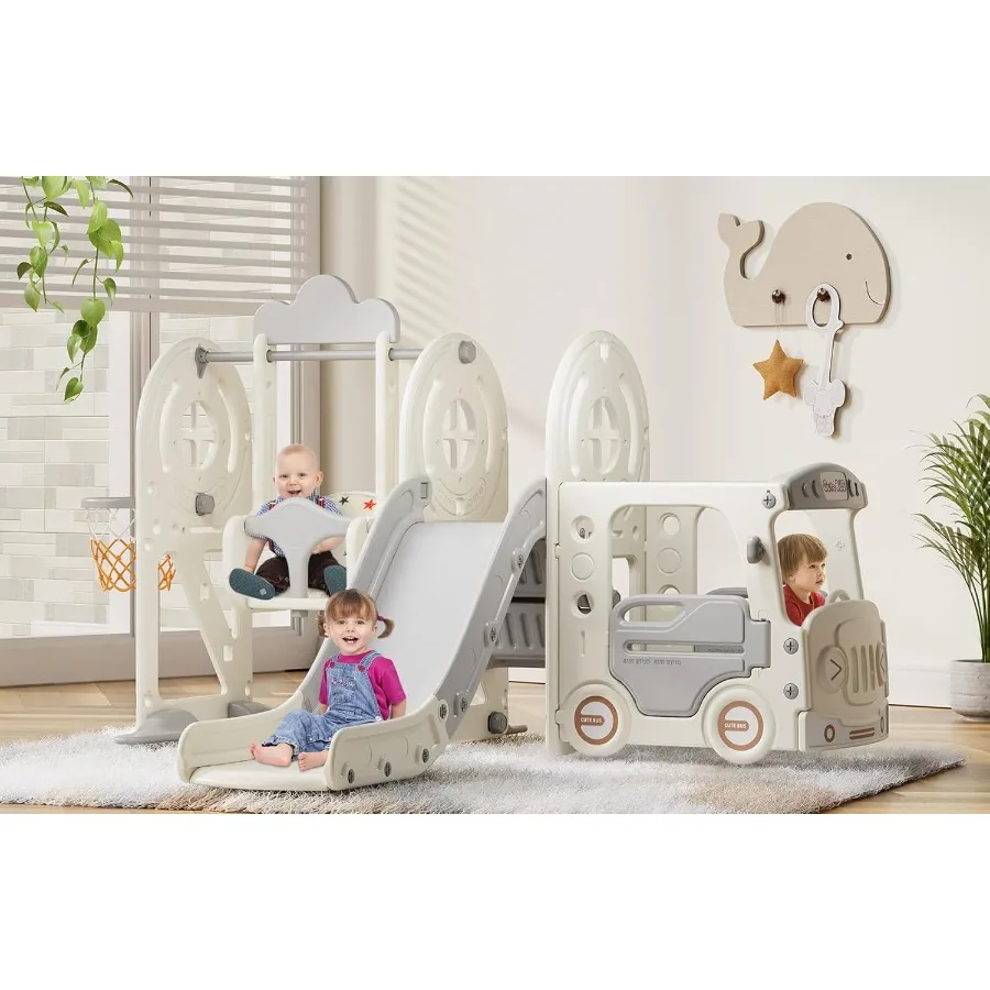 5 in 1 Toddler Slide and Swing Set Baby Slide for Toddlers Age 13 Bus Themed Toddler Playset with Basketball Hoop Indoor Outdoo