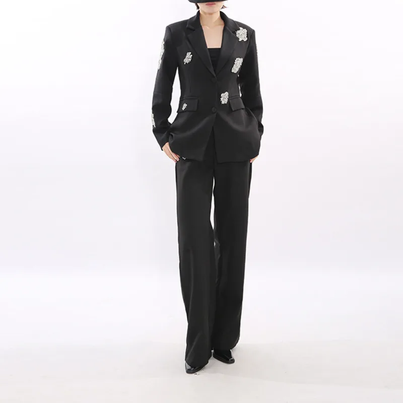 FANAN Diamond Inlaid Design 2 Piece Set Women's Gathered Waist Long Sleeve Blazers + High Waist Straight Pants 2026 Spring New