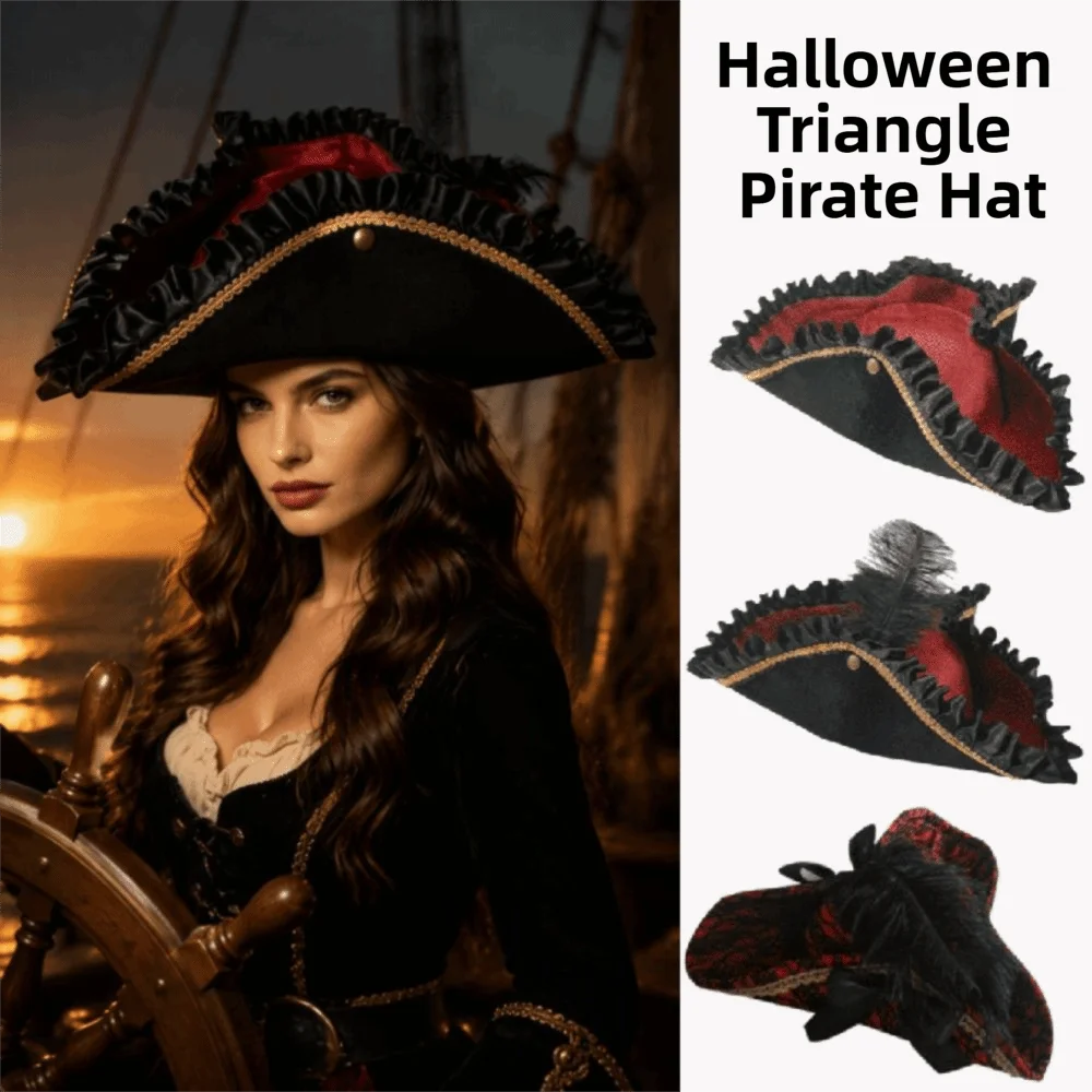 Satin Triangle Pirate Hat Pleated Ruffled Head Ornament Halloween Costume Hat Dress Up Feather Decors Costume Cosplay Cap