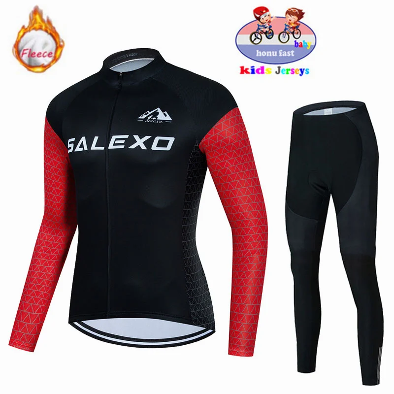 2023 Winter Kids Cycling Jersey Sets Thermal Fleece Fashion Outdoor Riding Bike MTB Clothing Boy/Girl Long Sleeve Clothing Suit