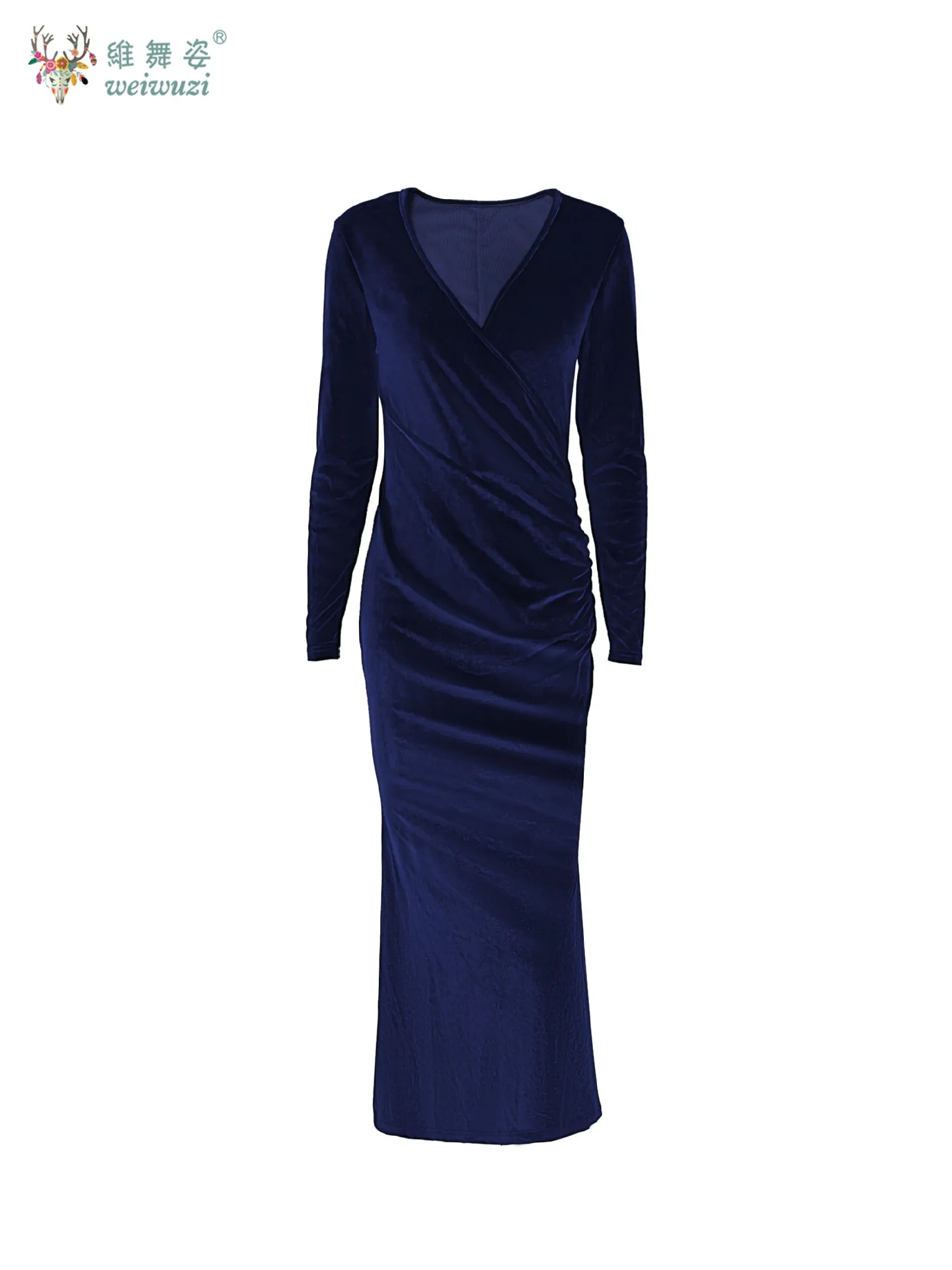 秋と冬のスリムフィットエレガントな気質フィッシュテール V ネック長袖イブニングドレスカクテルパーティーベルベットのイブニングドレス