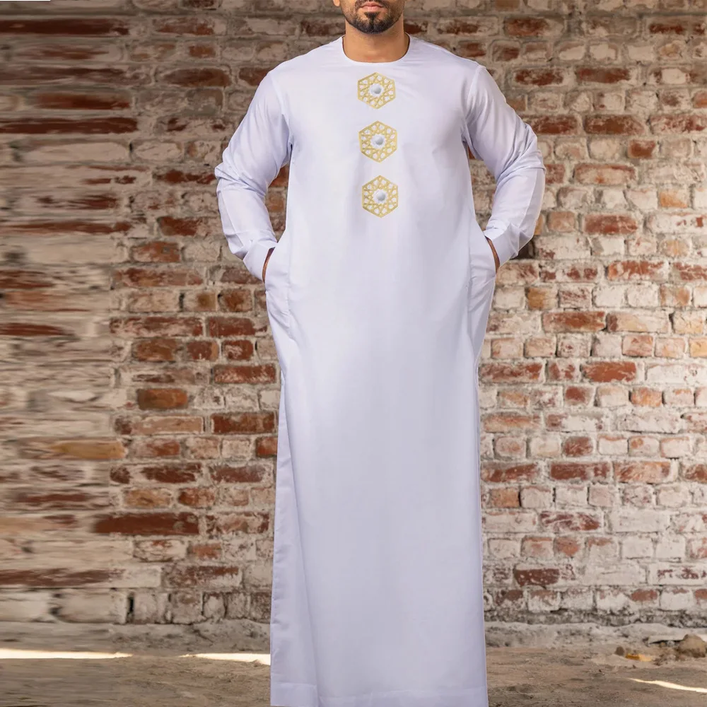 2024 New Muslim Men's Abaya White Long Sleeve Embroidered Dress Button Decoration Formal Arabian Casual Robe Islamic Clothing