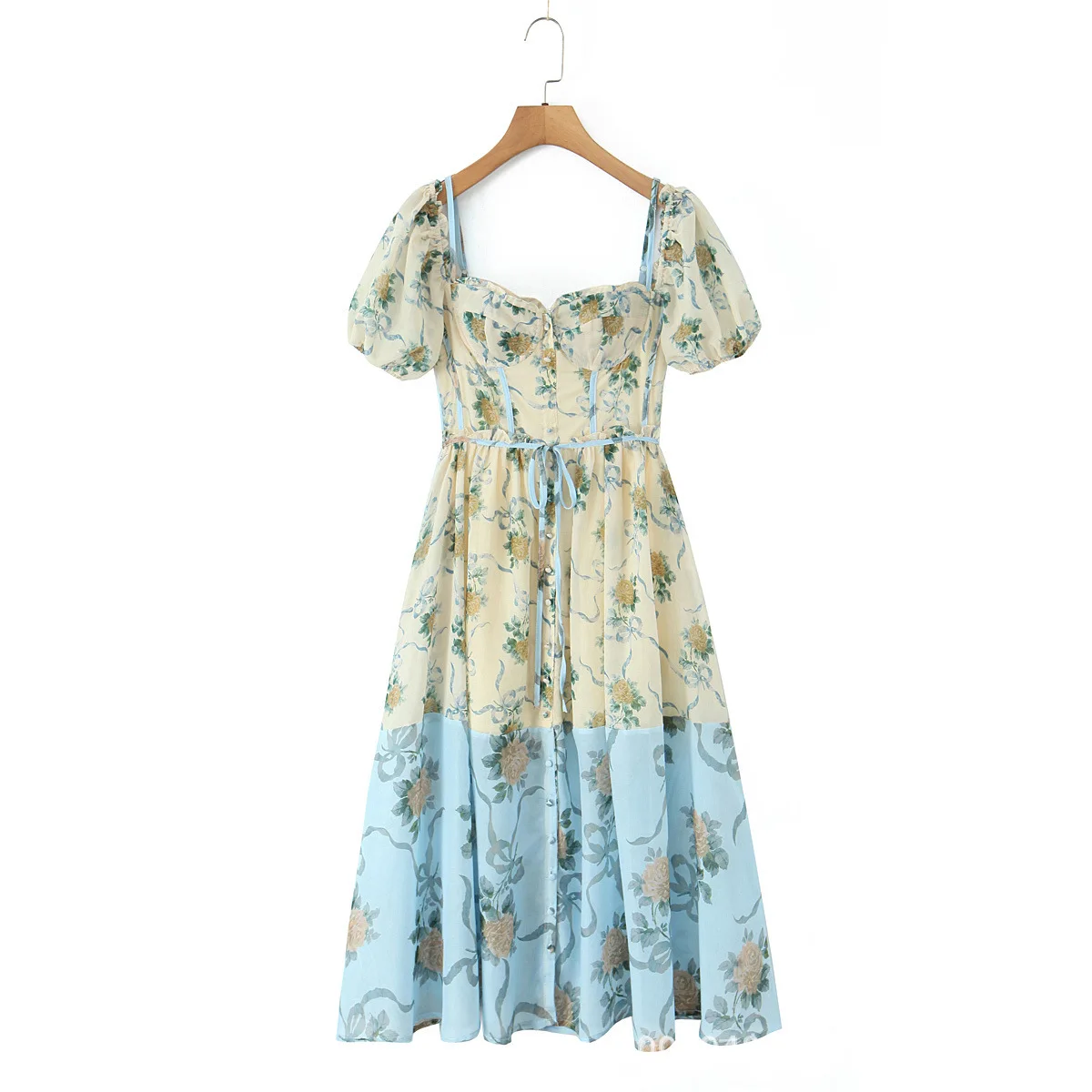 Abito francese bohémien retrò con stampa romantica patchwork con maniche a sbuffo che raccoglie la vita e dimagrisce, elegante abito lungo da vacanza