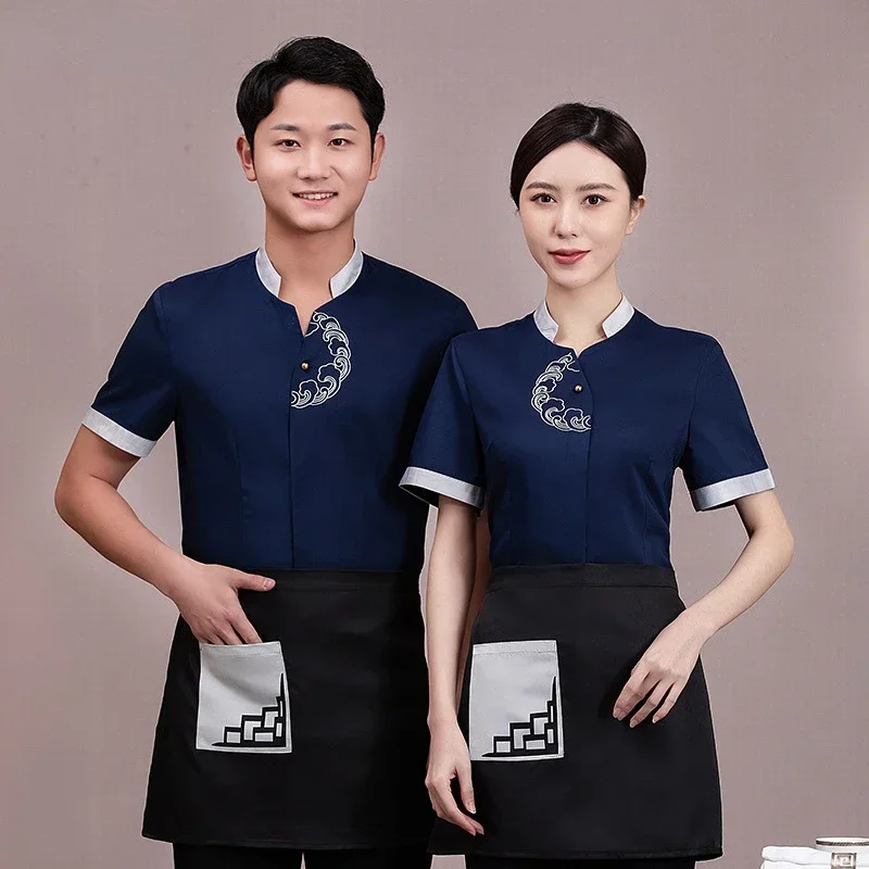 Salopette de serveur d'été pour maison de thé, cuisine, restauration, uniforme de serveur de Restaurant chinois pour hommes, vêtements de travail pour Service alimentaire
