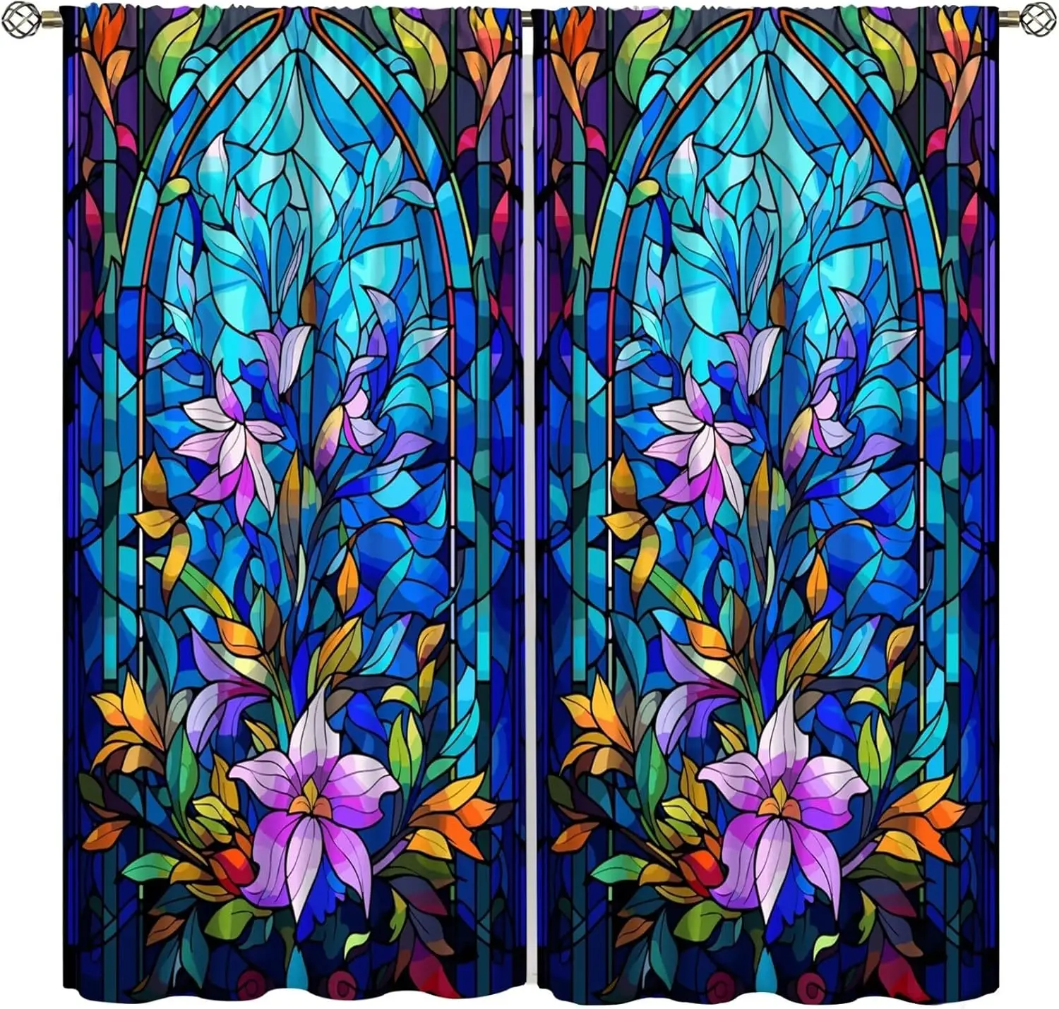 Stained Glass Abstract Flowers Curtains，Mid Century Vintage Flowers Bohemian Design Curtain for Bedroom Living Room Home Drapes