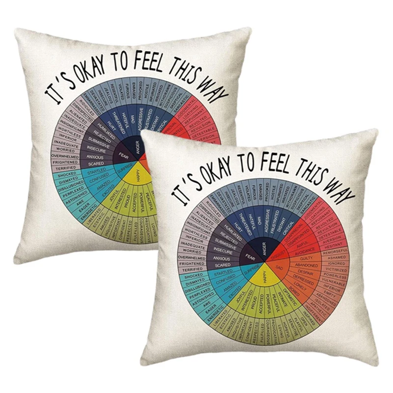 2PCS Emotional Intelligence with Wheel of Feelings Emotions Cushion Cover Living Room Bedroom Office Soft Throw Pillows