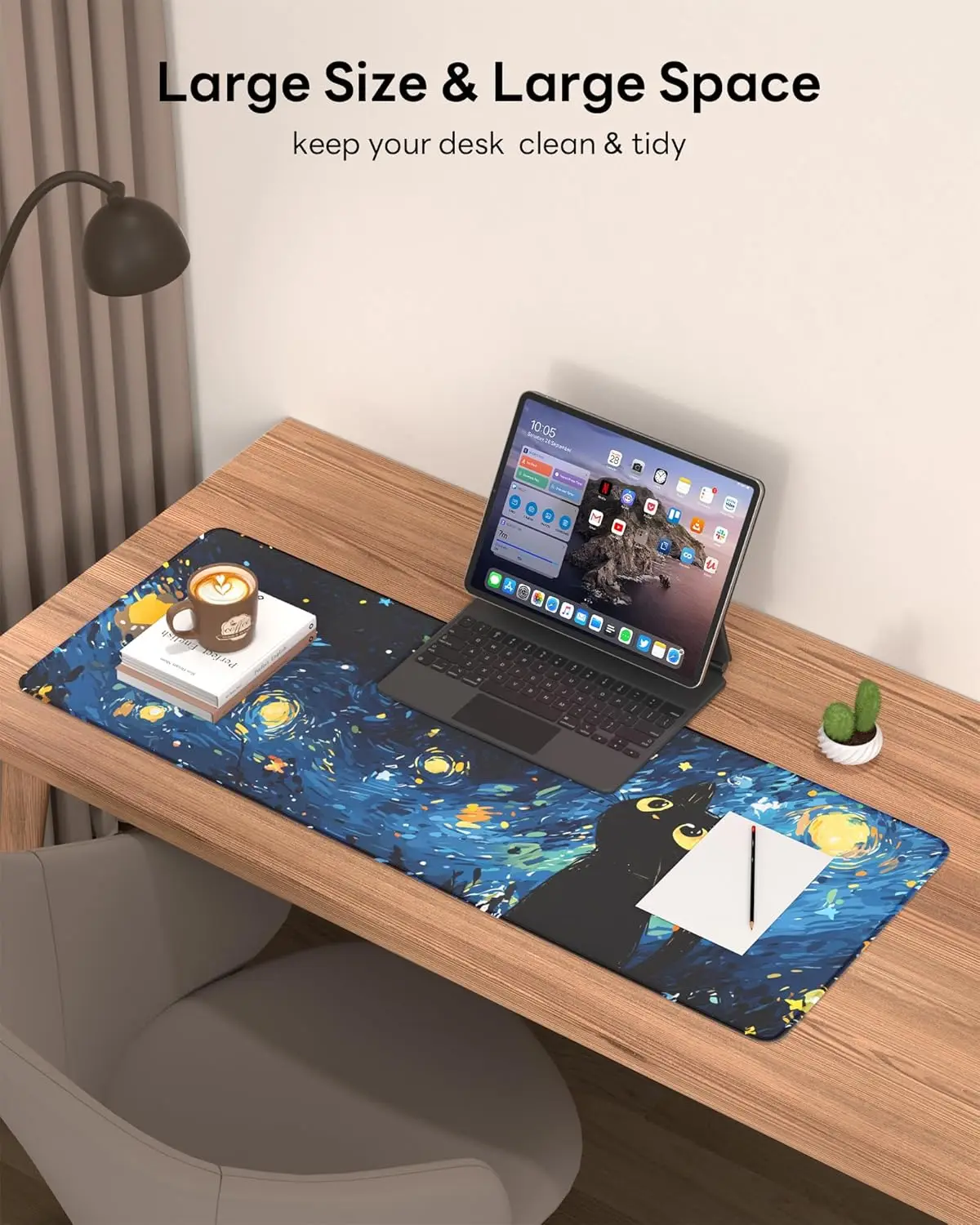 Romantic Starry Night Cat Desk Mat, Van Gogh Oil Painting Large Extended Gaming Mouse Pad, Waterproof Non-Slip Keyboard Pad for