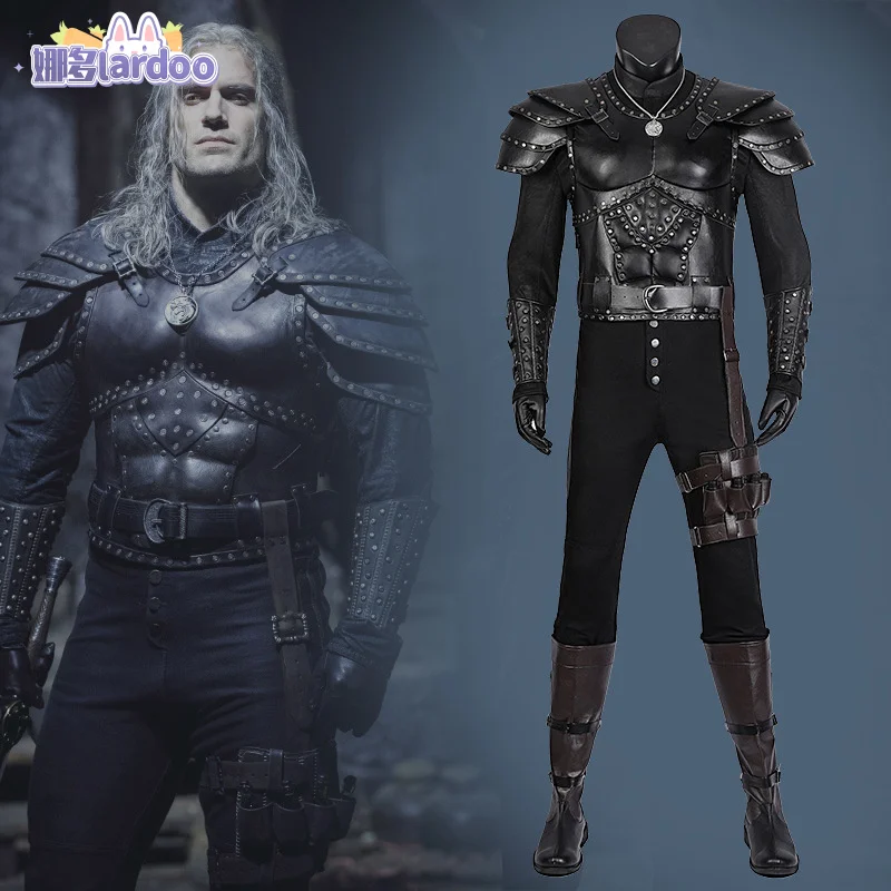 Men Witcher Cosplay Costume Adult Super hero Wizard Armour Outfit Black Leather Sorcerer Hunter Suit Halloween Carnival Costumes