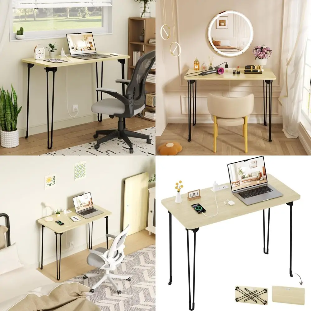 

Compact Beige Folding Desk with Hairpin Legs and Built-in Power Strip for Home Office and Bedroom