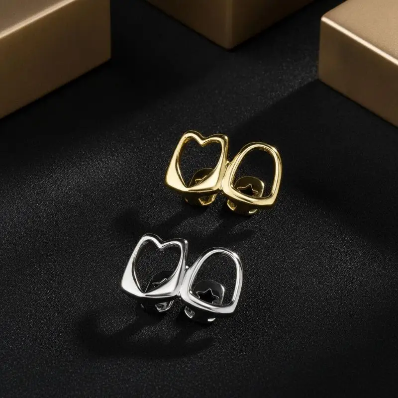 New Trendy Hollow Heart Hip Hop Tooth Grillz Shiny Gold Color Easy to Fit for Women Daily Wear Rap Performance Decoration
