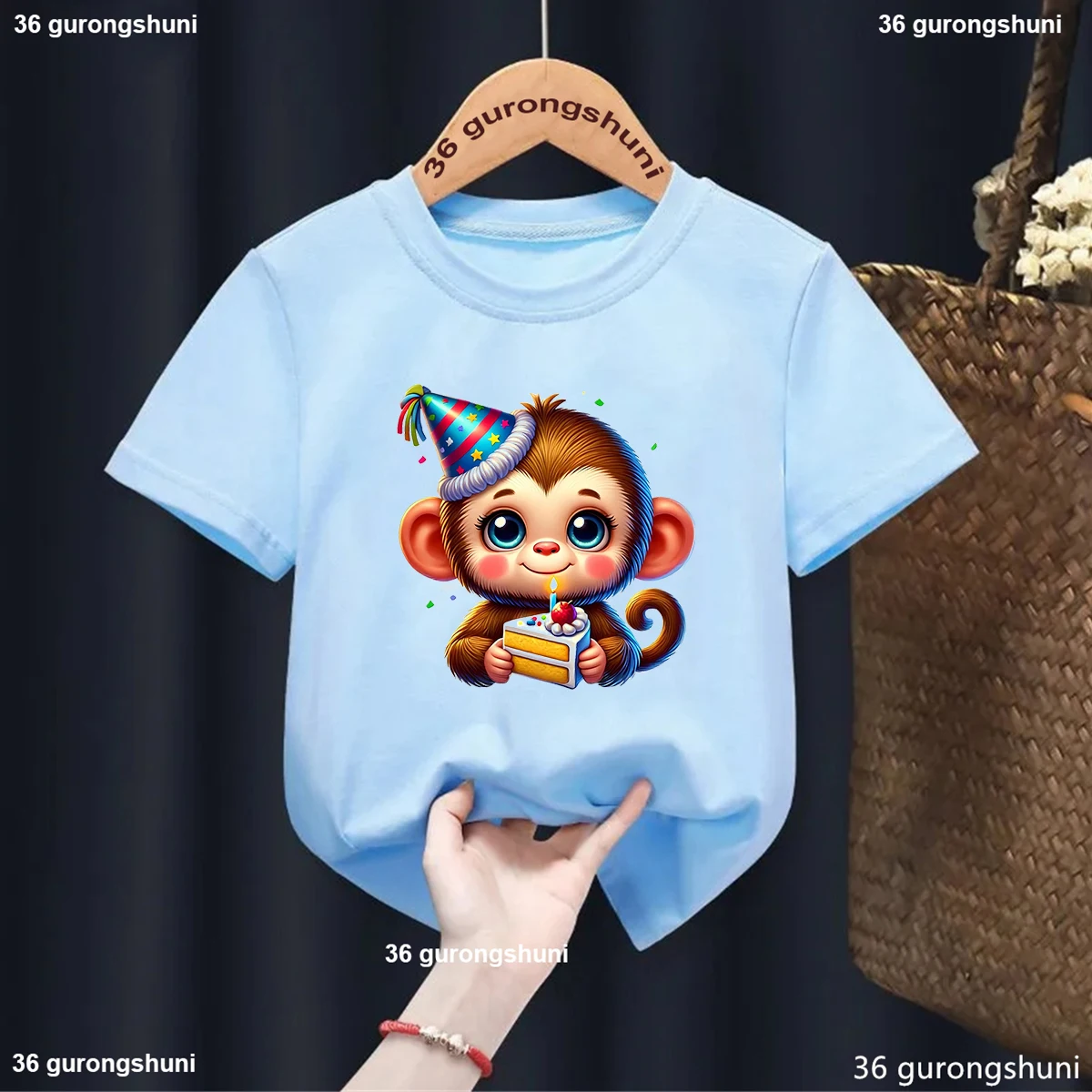 

Newly Children'S Birthday Tshirt Cute Monkey Print Girls T-Shirt Harajuku Kawaii Shirt Summer Kids Blue Short Sleeved Tops Gift