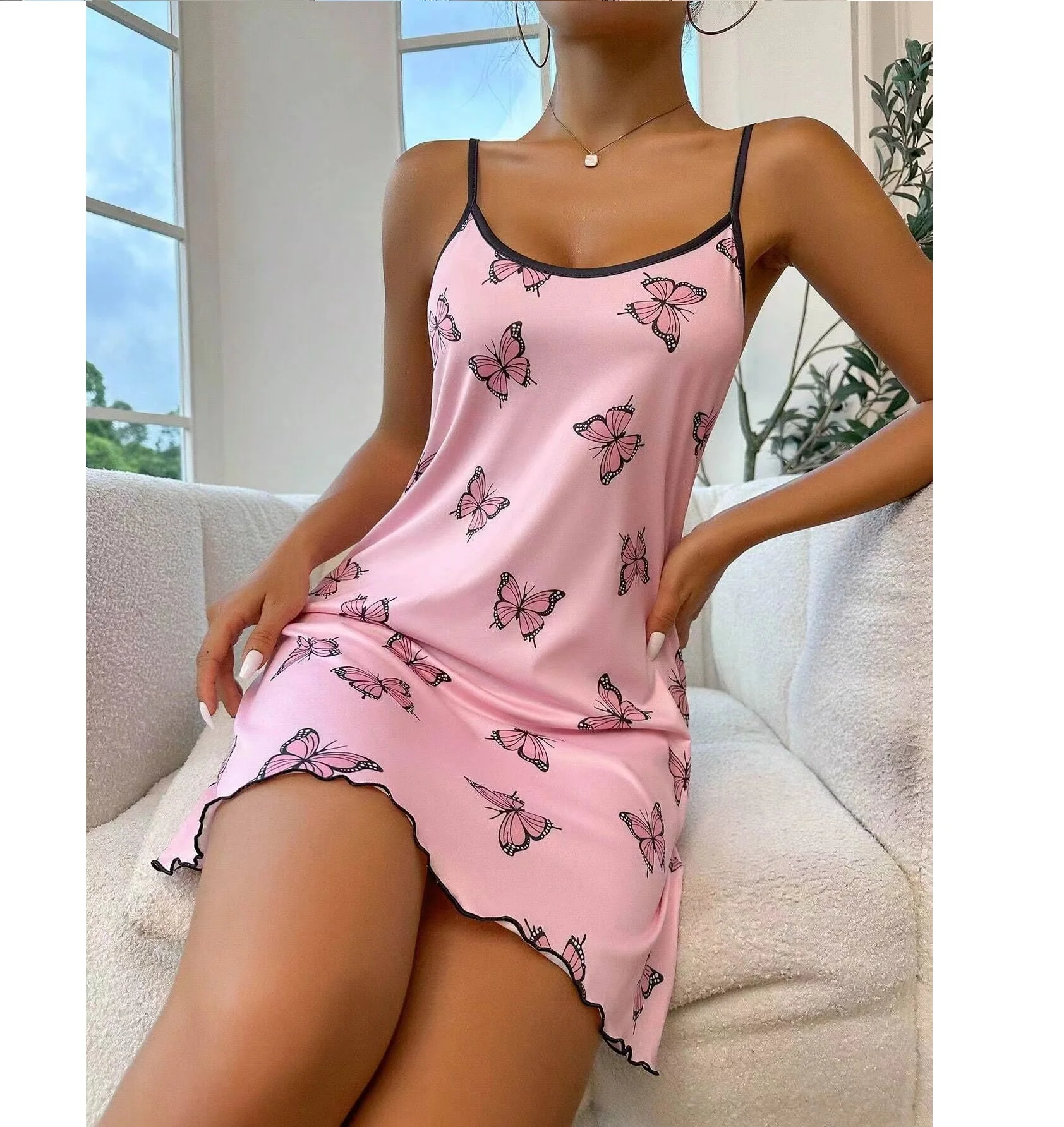 Women Pajamas Nightgowns Nightdress Slip Skirt S M L Butterfly Printing Comfortable Ventilate Casual Fashion Summer