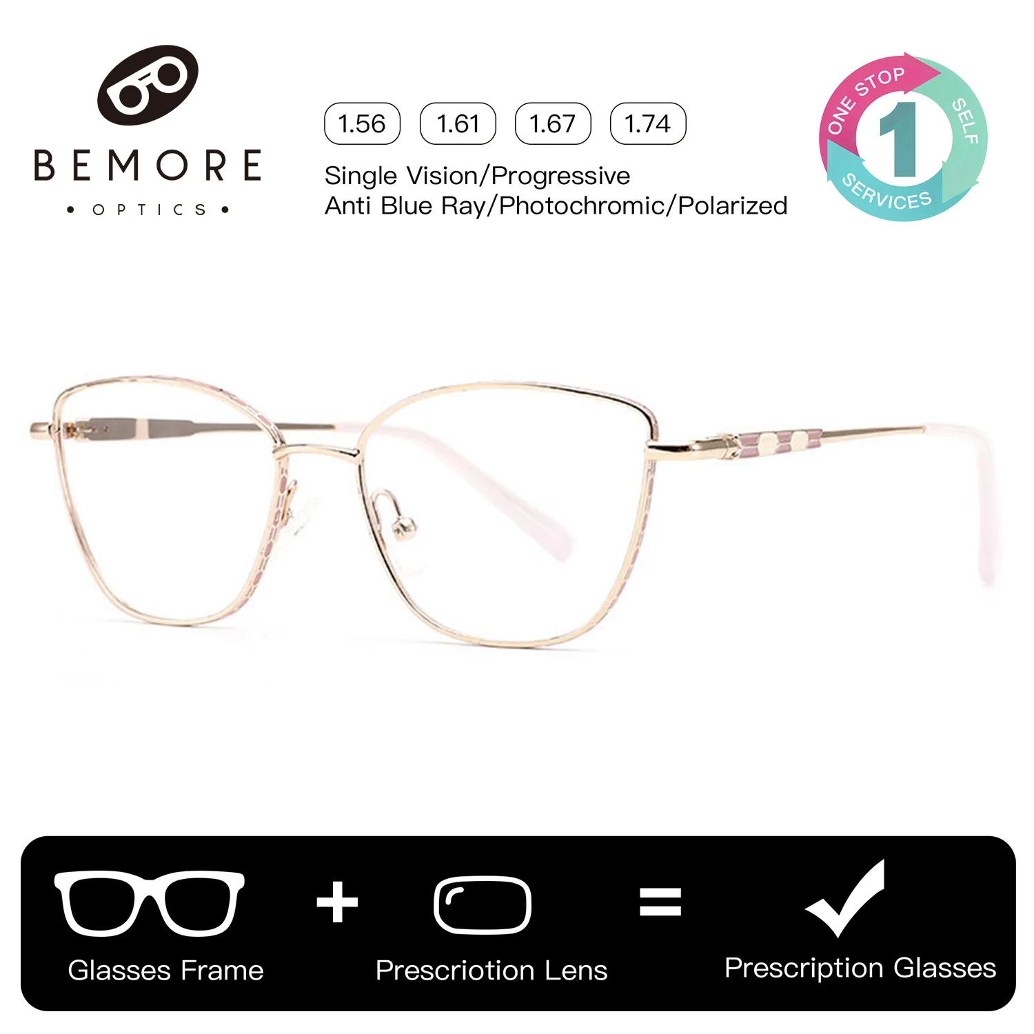 

BEMORE Fashion Cat Eye Progressive Glasses Woman Ultralight Metal Square Anti-Blue Light Photochromic Prescription Eyewear