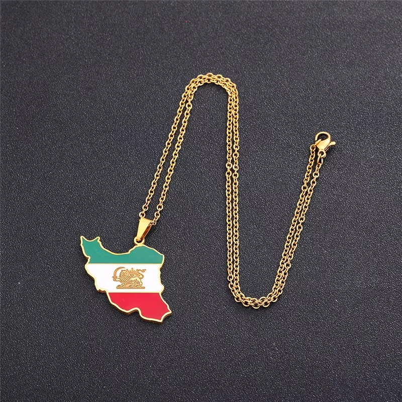 Stylish Enamel Iran Map Flag Pendant Necklaces Iranian Stainless Steel Jewelry for Women Men Girls Party Birthday Gifts