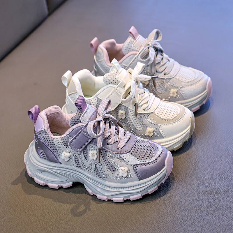 New Girls Patchwork Sneakers Casual Sequins Children School Sports Shoes Mesh Breathable Non-slip Kids Running Basketball Shoes
