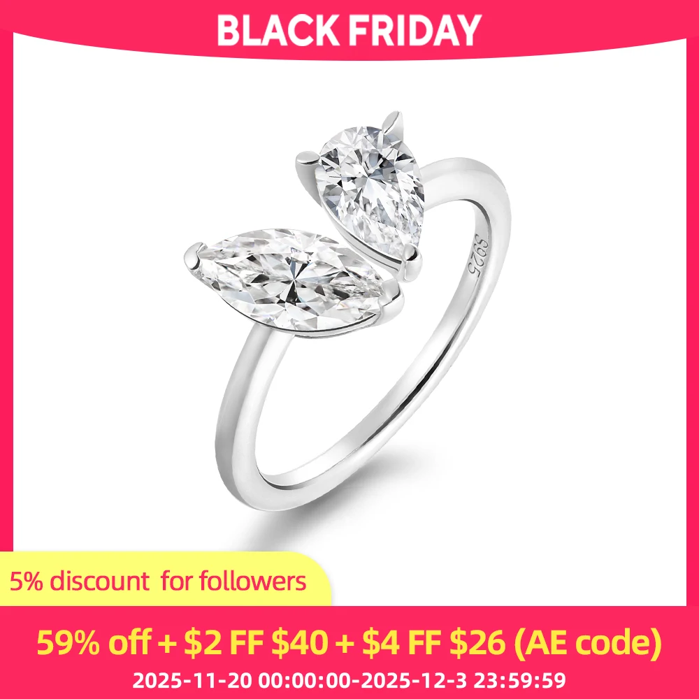 

ANDH 2 ct Double Pear & Marquise Cut Moissanite Open Ring for Women 925 Sterling Silver Engagement Wedding Party Fine Jewelry