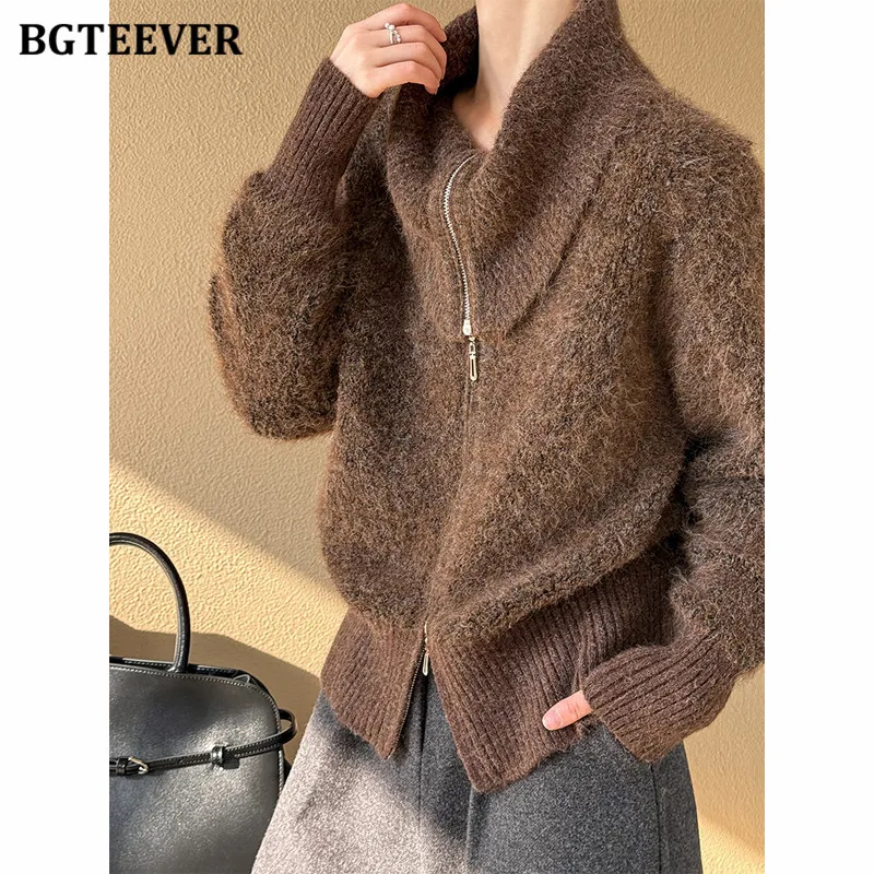 

BGTEEVER Элегантные теплые женские вязаные кардиганы на молнии, осенне-зимние стильные свитера с отложным воротником для женщин