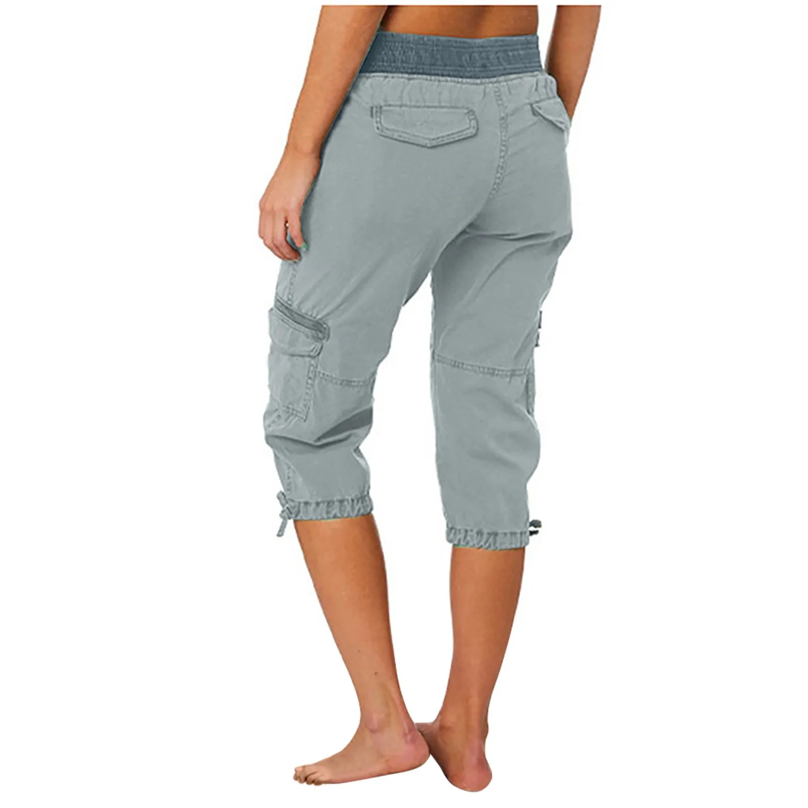 2026 Women's Summer Casual High Waist Drawstring Pocket Workwear Pants Solid Loose Wide Leg Extendable Cuffs 7-inch Pants Female