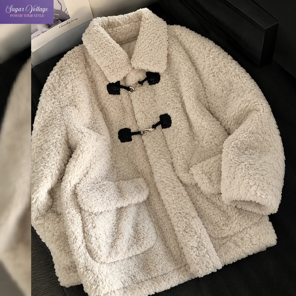 Korean Style Fluffy Sherpa Fleece Jacket Women Thick Warm Toggle Button Patch Pockets Loose Fit Coat Casual Daily Winter Outfit