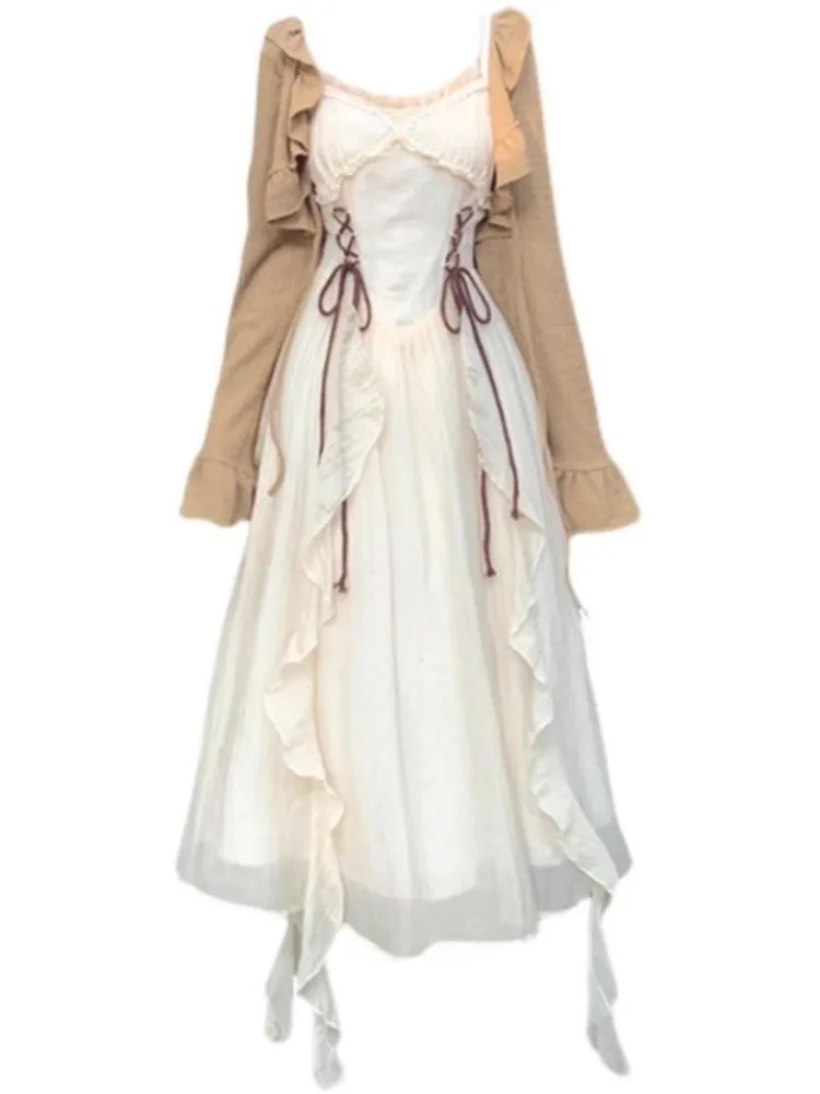 

Oversize Vacation Bohemian Ruffle Camisole Dress for Women+ Y2k Long Sleeve Loose Cardigan Tops 2025 New Two Piece Sets