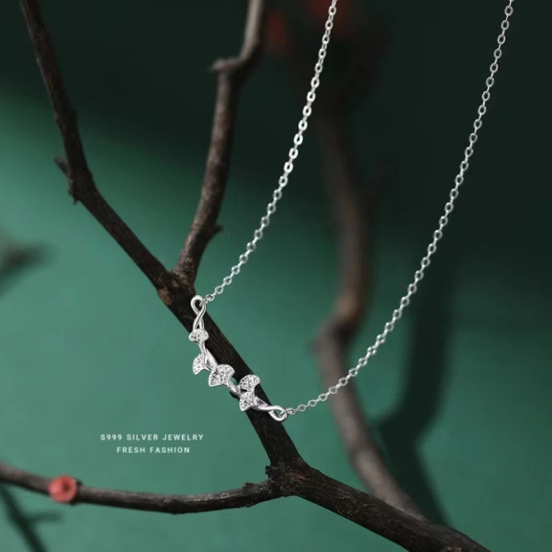 925 Silver Fashion Women's Pendant Necklace Women's Girls Crystal Chain Necklace Punk Party Jewelry Ginkgo Biloba Necklace