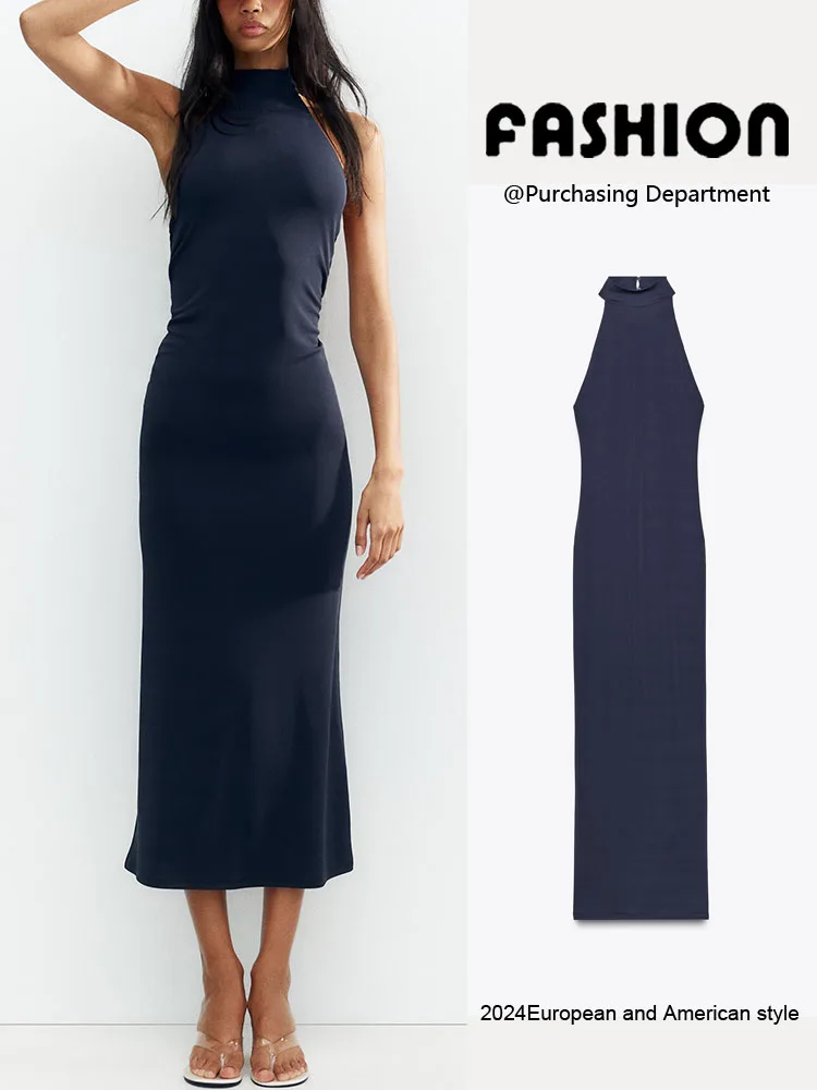 2025년 여름 신상 여성용 긴 민소매 드레스 백리스 접이식 장식 칼라 홀터넥 하이웨이스트 출퇴근 스타일 단색