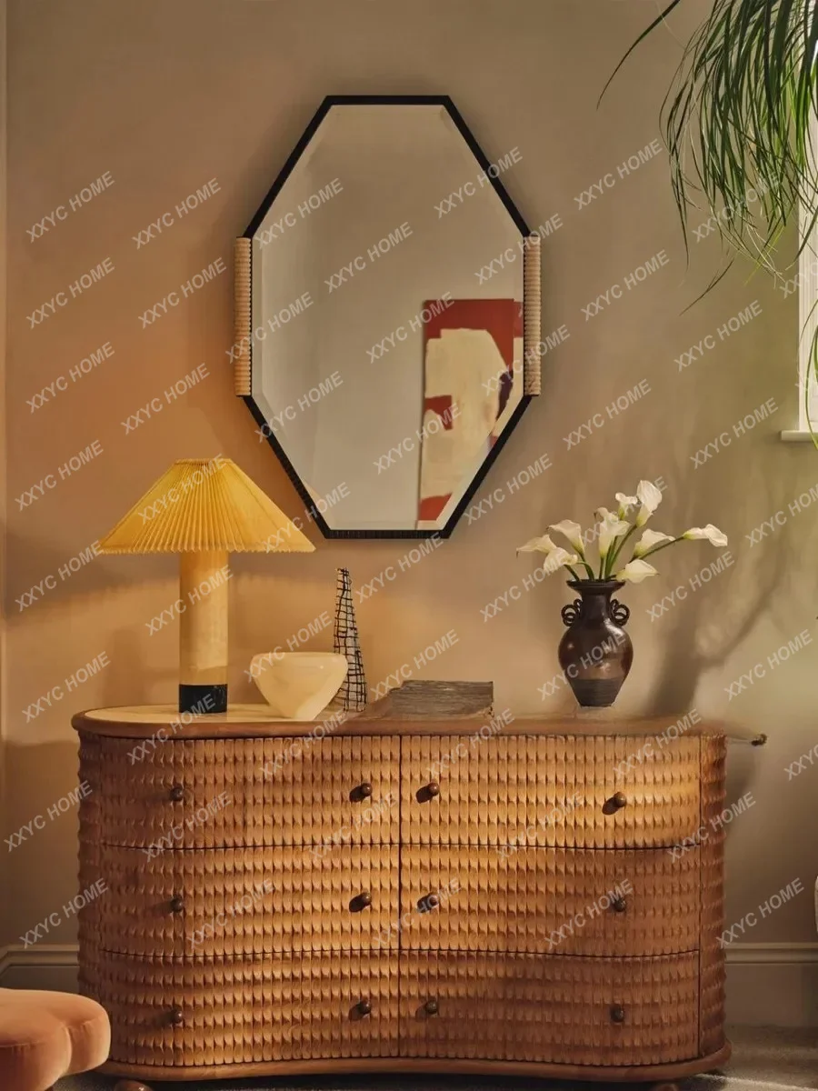 XX vintage wave pattern solid wood chest of drawers, high-end curved entryway cabinet, marble countertop storage cabine