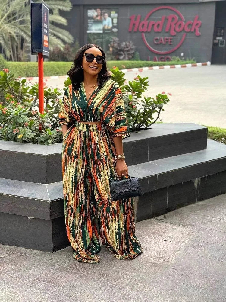 

Sister Star Fashion V-neck Short-sleeved Wide-legged Pants Suit Wholesale Striped Printed Temperament Commuting Two-piece Suit