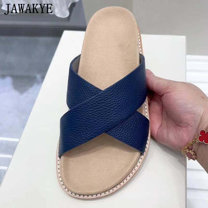 2024 Summer Flat Platform Shoes Blue Slide Women Black Leather Cross Strap Flat Slipper Casual Holiday Beach Walking Shoes Women