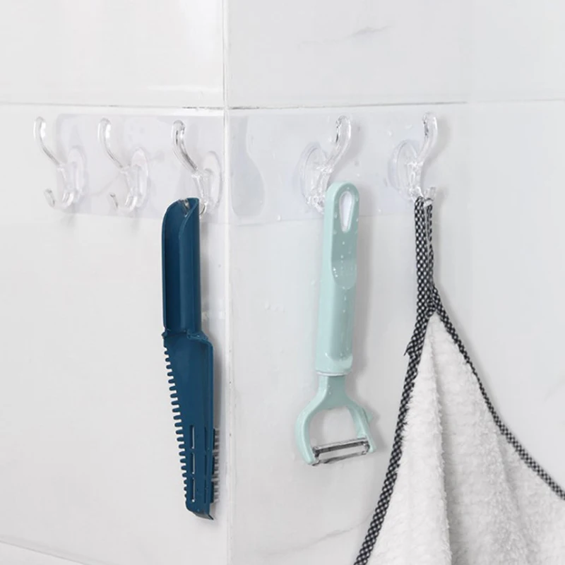 1/3/5/6 Rows Transparent Hooks Bathroom Self Adhesive Door Wall Hanger Kitchen Storage Towel Hanging Strong WaterproofHooks