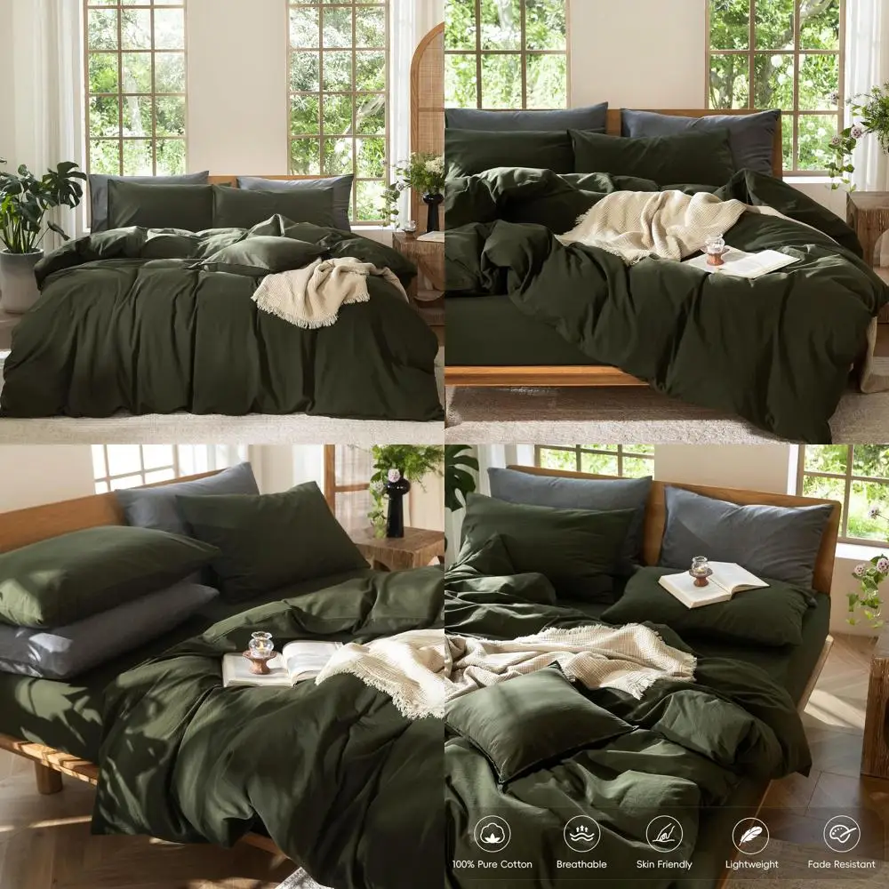 

Bedding Duvet Cover Set 100% Washed Cotton Linen Like Textured Breathable Durable Soft Comfy (Solid Olive Green, Queen 90"x90")
